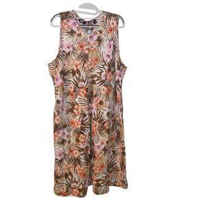 Lands End Womens Floral Sleeveless A line Linen Summer Dress 1X Tropical Beach